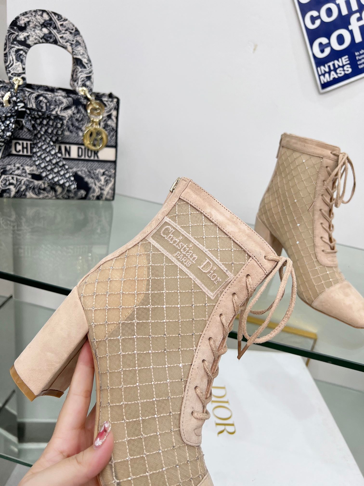 NAUGHTILY-D HEELED ANKLE BOOT IN BISQUE BEIGE EMBROIDERED MESH AND SUEDE 8 CM