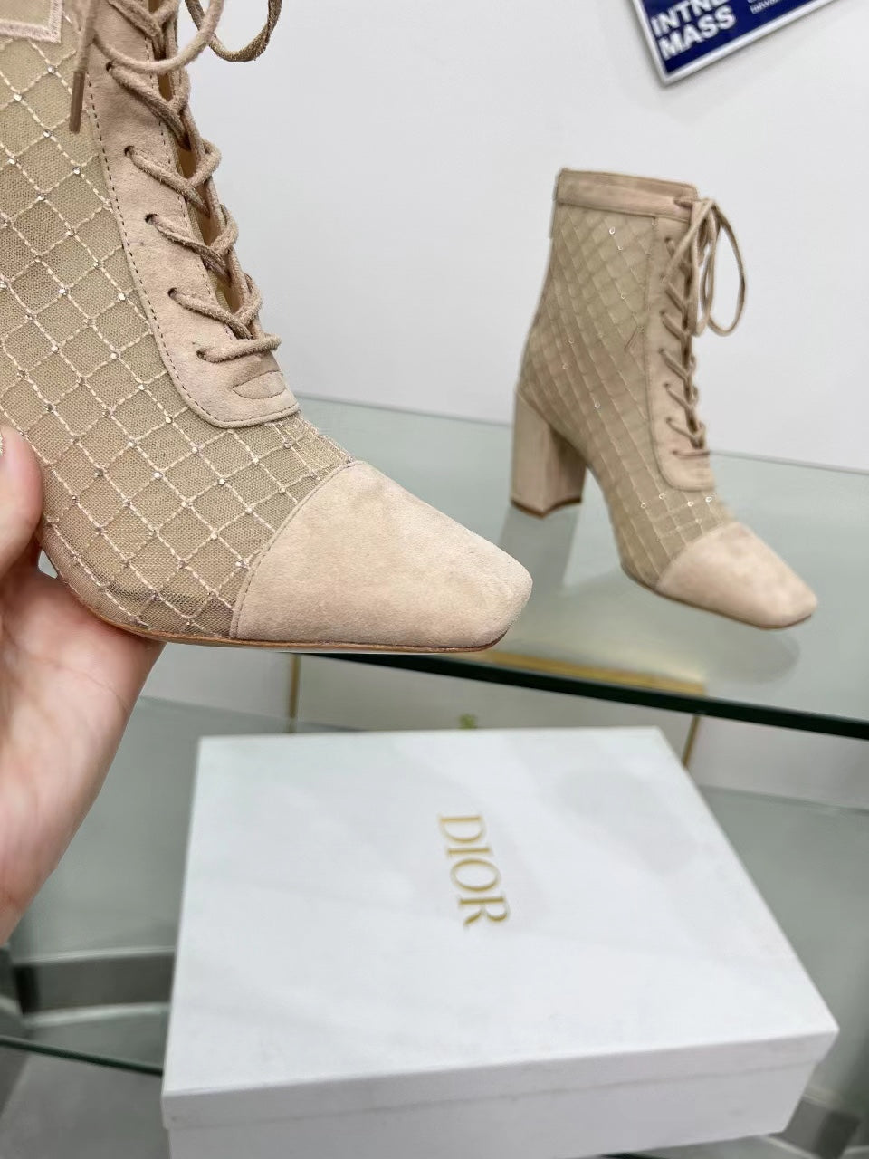 NAUGHTILY-D HEELED ANKLE BOOT IN BISQUE BEIGE EMBROIDERED MESH AND SUEDE 8 CM