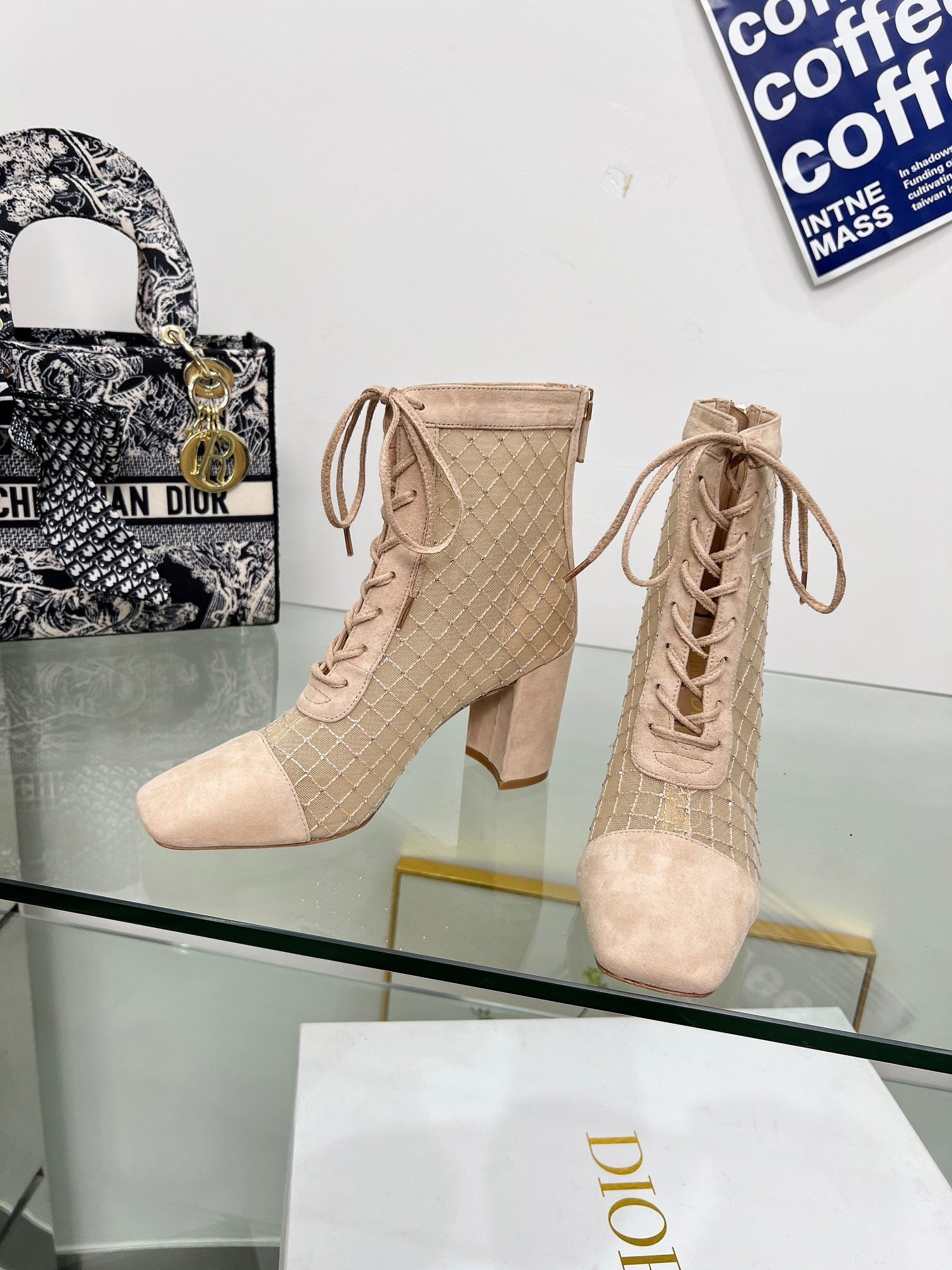NAUGHTILY-D HEELED ANKLE BOOT IN BISQUE BEIGE EMBROIDERED MESH AND SUEDE 8 CM