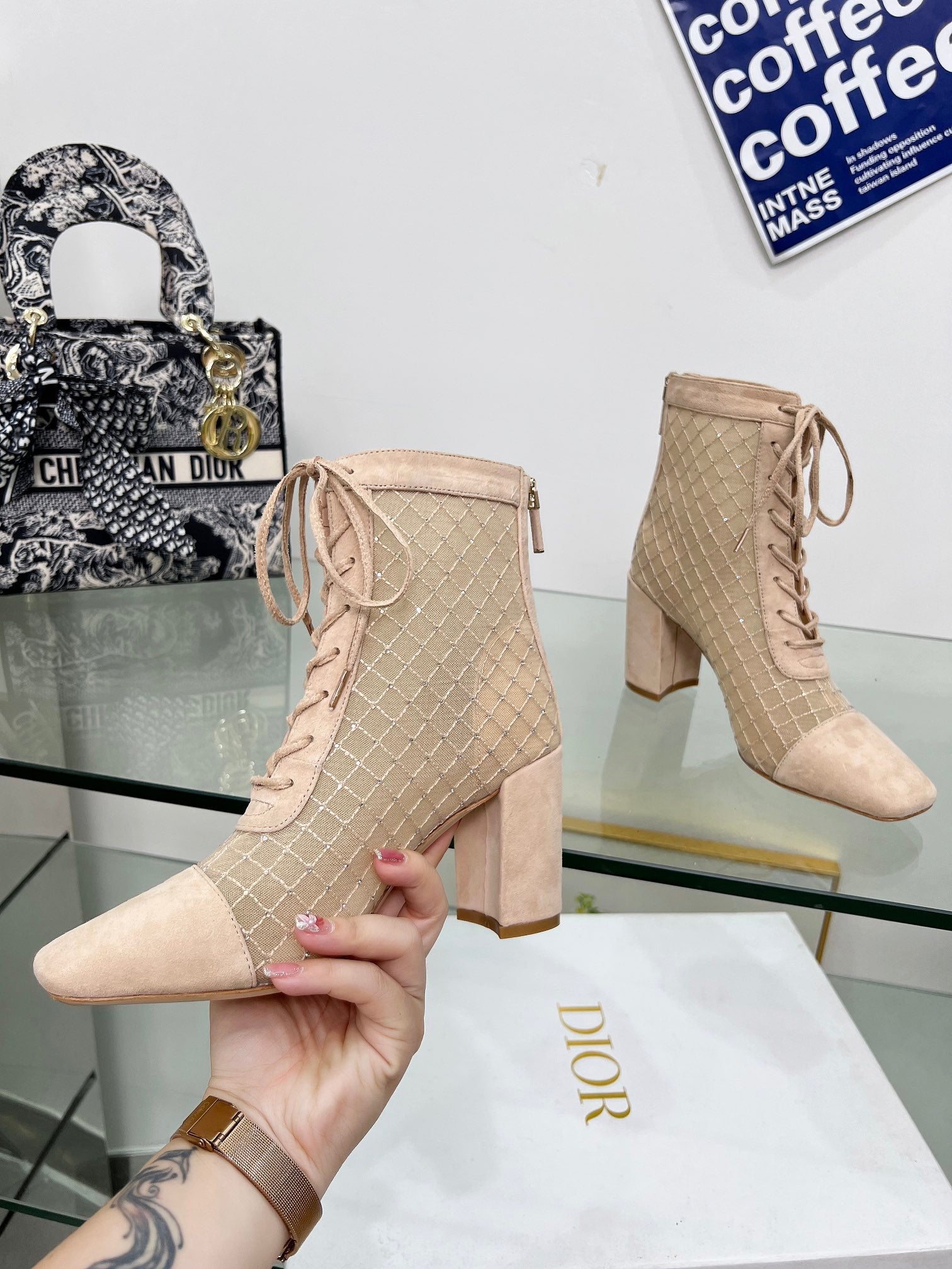 NAUGHTILY-D HEELED ANKLE BOOT IN BISQUE BEIGE EMBROIDERED MESH AND SUEDE 8 CM