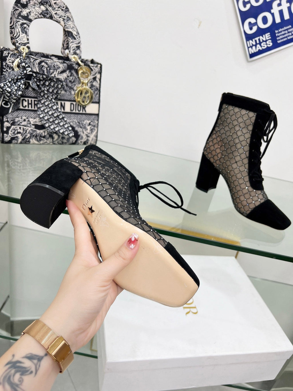 NAUGHTILY-D HEELED ANKLE BOOT IN BLACK EMBROIDERED MESH AND SUEDE 8 CM