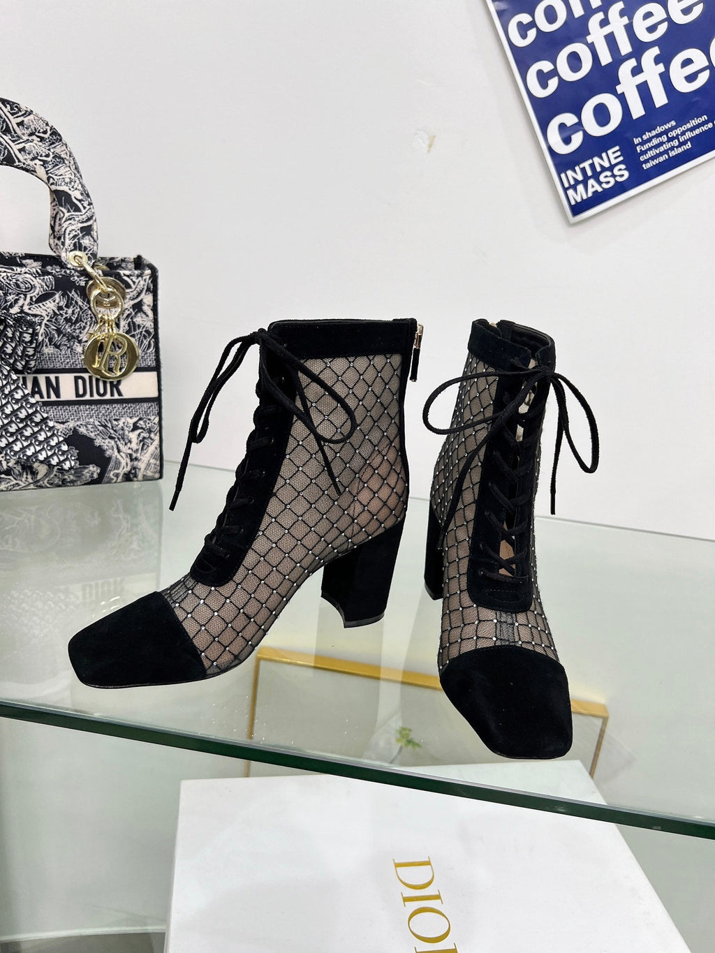 NAUGHTILY-D HEELED ANKLE BOOT IN BLACK EMBROIDERED MESH AND SUEDE 8 CM