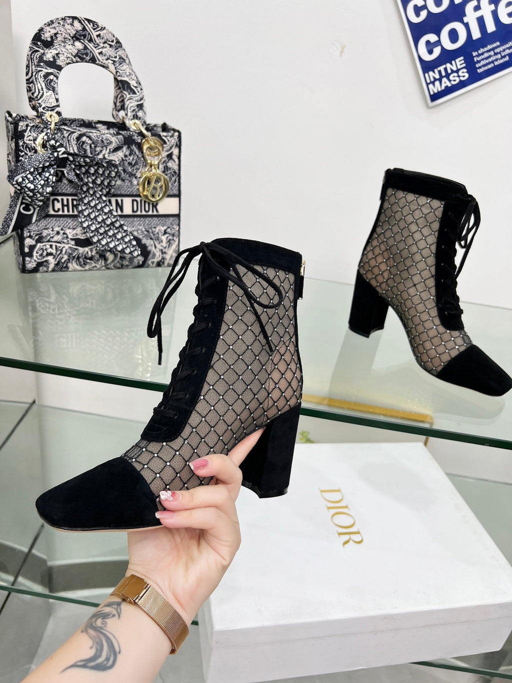 NAUGHTILY-D HEELED ANKLE BOOT IN BLACK EMBROIDERED MESH AND SUEDE 8 CM