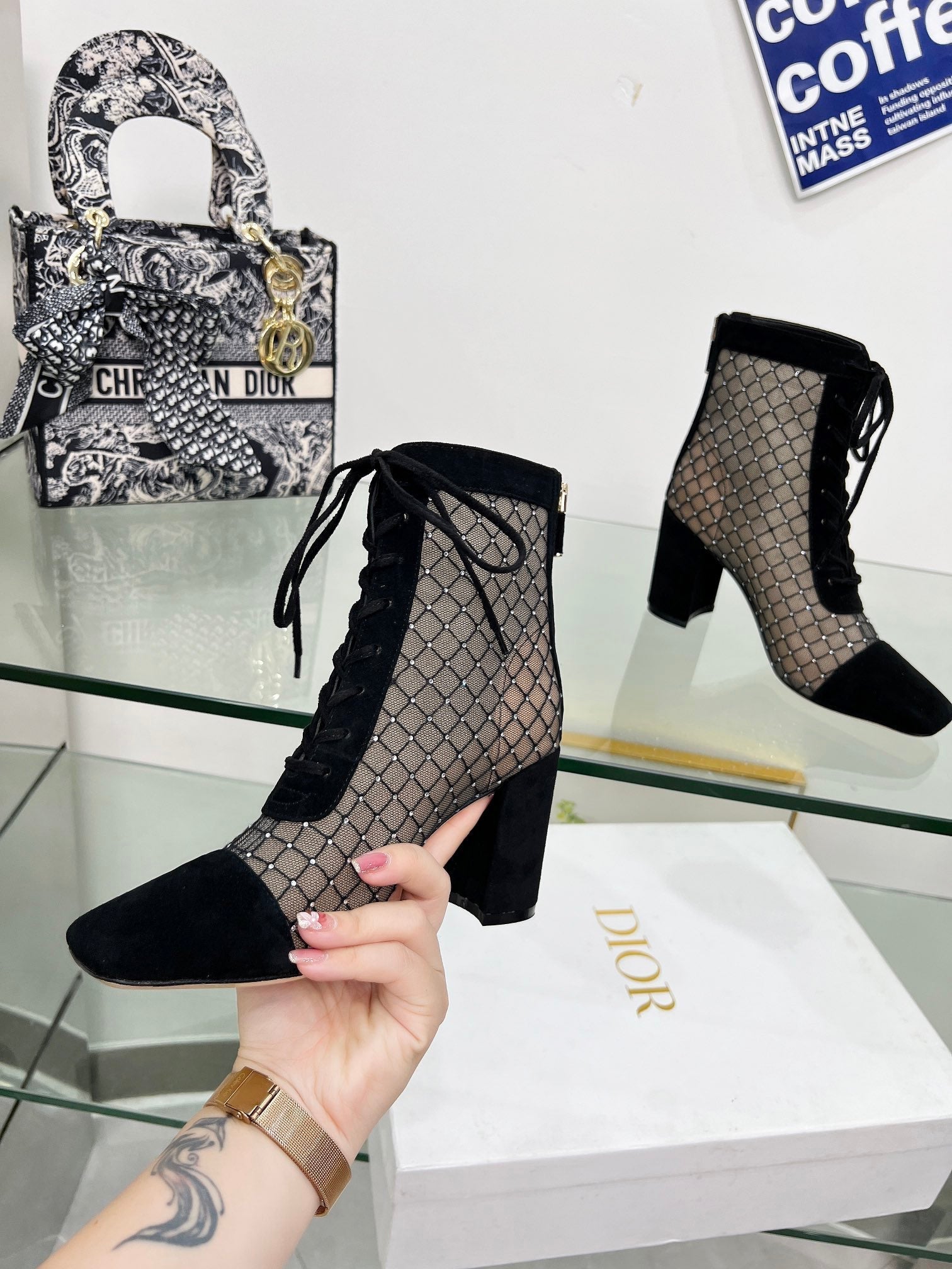 NAUGHTILY-D HEELED ANKLE BOOT IN BLACK EMBROIDERED MESH AND SUEDE 8 CM