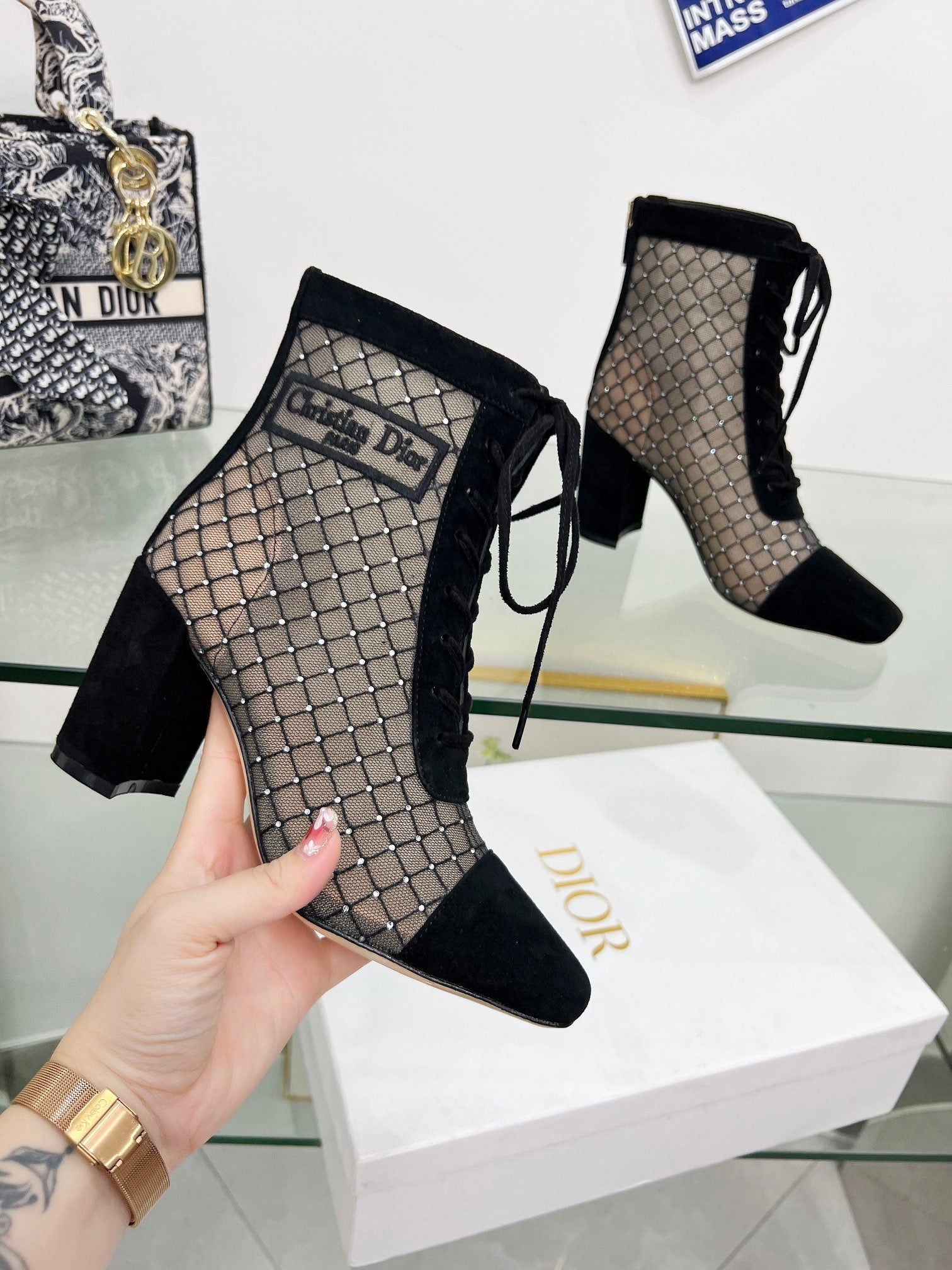NAUGHTILY-D HEELED ANKLE BOOT IN BLACK EMBROIDERED MESH AND SUEDE 8 CM