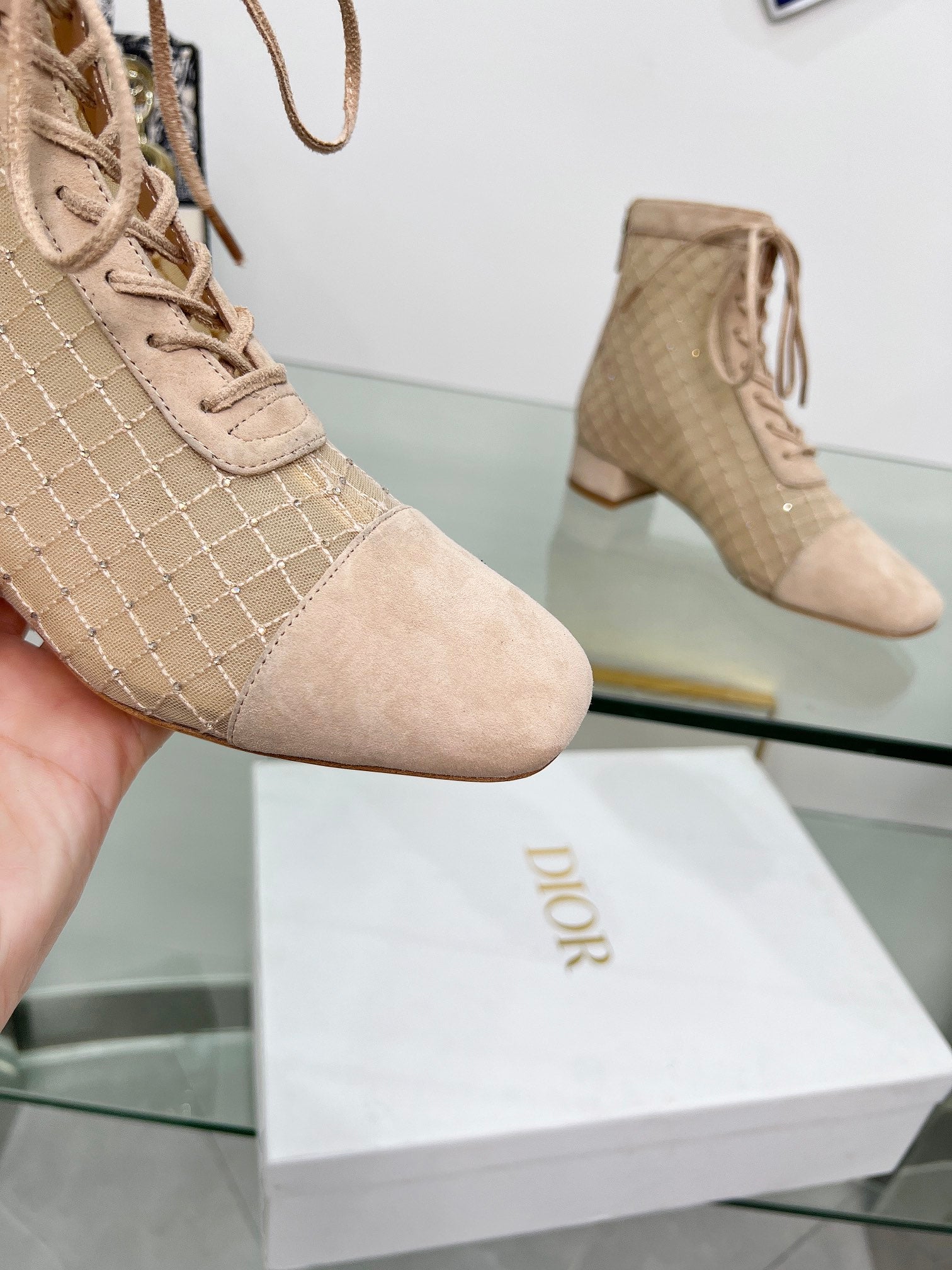 NAUGHTILY-D HEELED ANKLE BOOT IN BISQUE BEIGE EMBROIDERED MESH AND SUEDE 35 MM