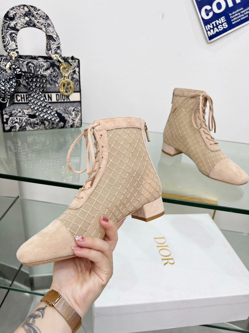 NAUGHTILY-D HEELED ANKLE BOOT IN BISQUE BEIGE EMBROIDERED MESH AND SUEDE 35 MM