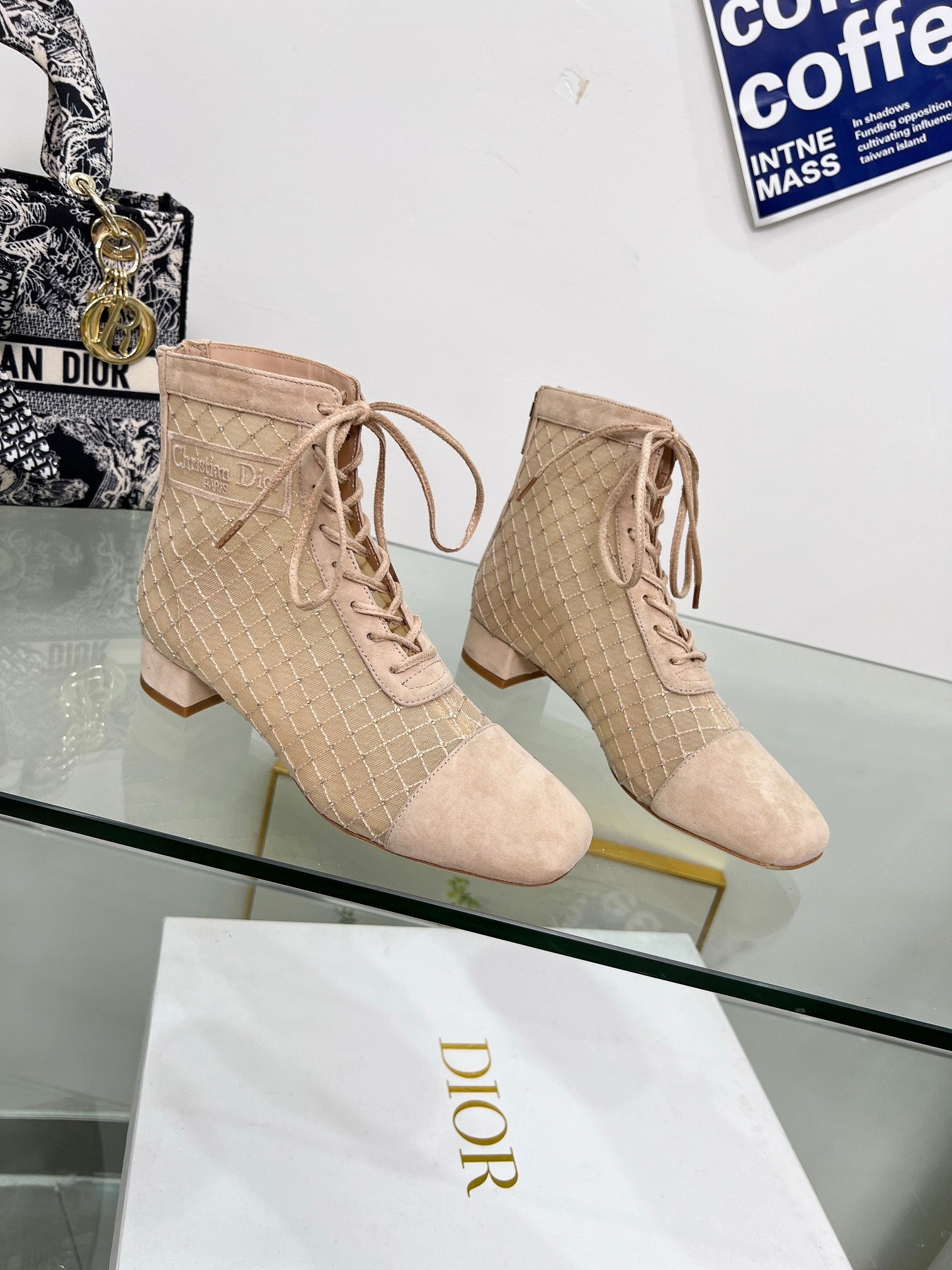 NAUGHTILY-D HEELED ANKLE BOOT IN BISQUE BEIGE EMBROIDERED MESH AND SUEDE 35 MM