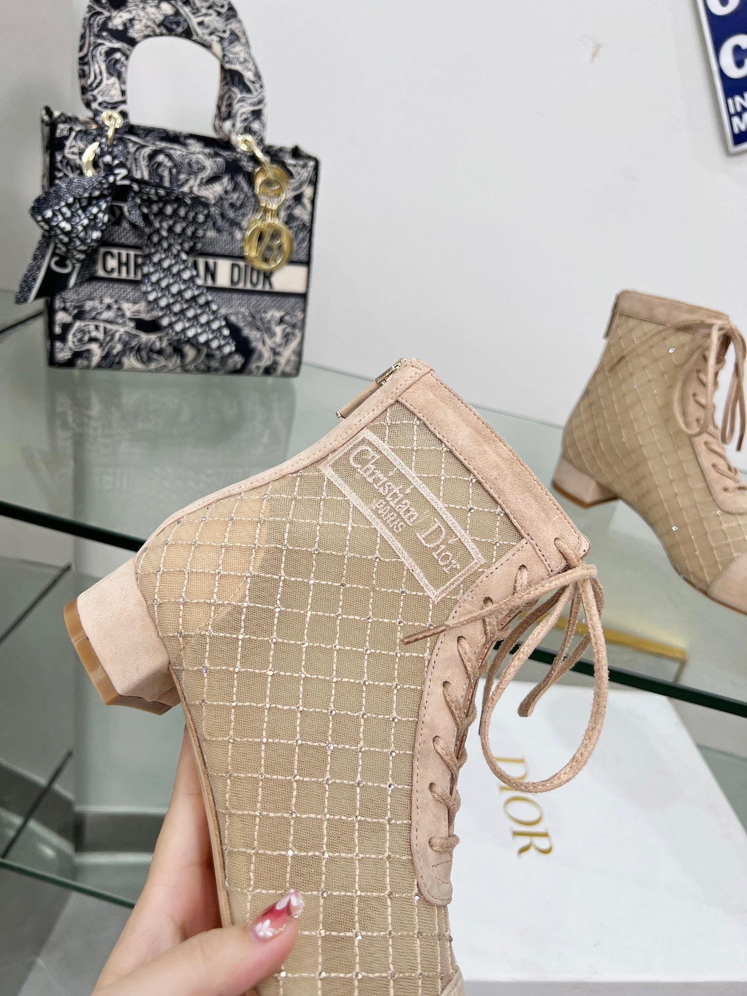 NAUGHTILY-D HEELED ANKLE BOOT IN BISQUE BEIGE EMBROIDERED MESH AND SUEDE 35 MM