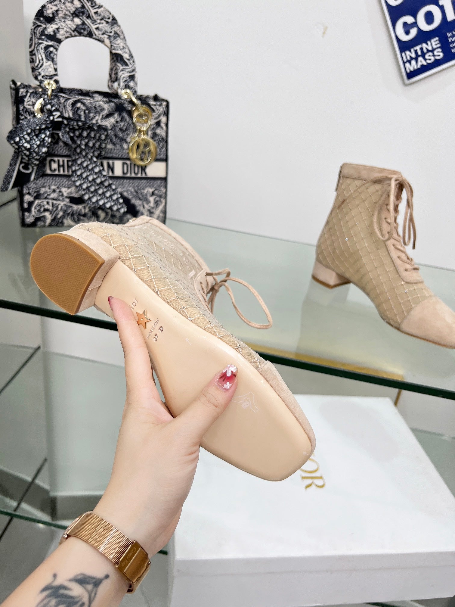 NAUGHTILY-D HEELED ANKLE BOOT IN BISQUE BEIGE EMBROIDERED MESH AND SUEDE 35 MM