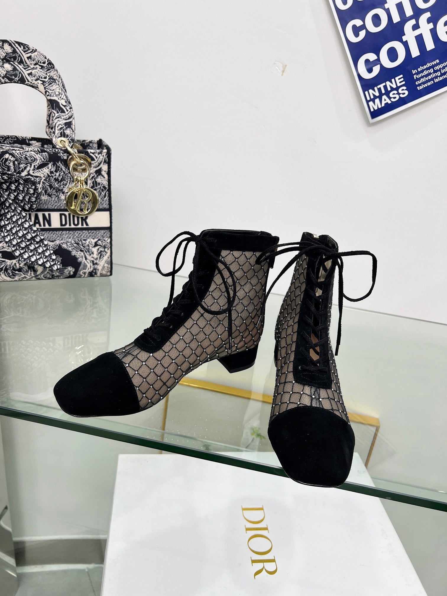 NAUGHTILY-D HEELED ANKLE BOOT IN BLACK EMBROIDERED MESH AND SUEDE 35 MM