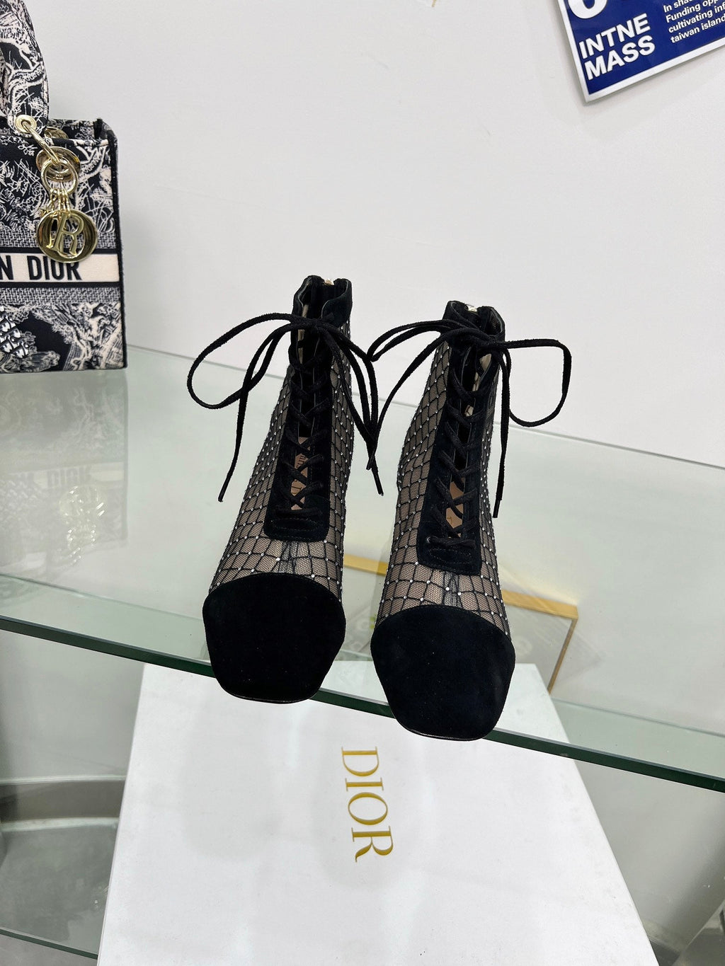 NAUGHTILY-D HEELED ANKLE BOOT IN BLACK EMBROIDERED MESH AND SUEDE 35 MM