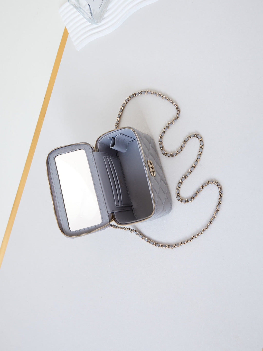 CHANEL 25S MINI VANITY BAG 16 CM IN GREY LAMBSKIN WITH CRYSTAL-EMBELLISHED CC LOGO