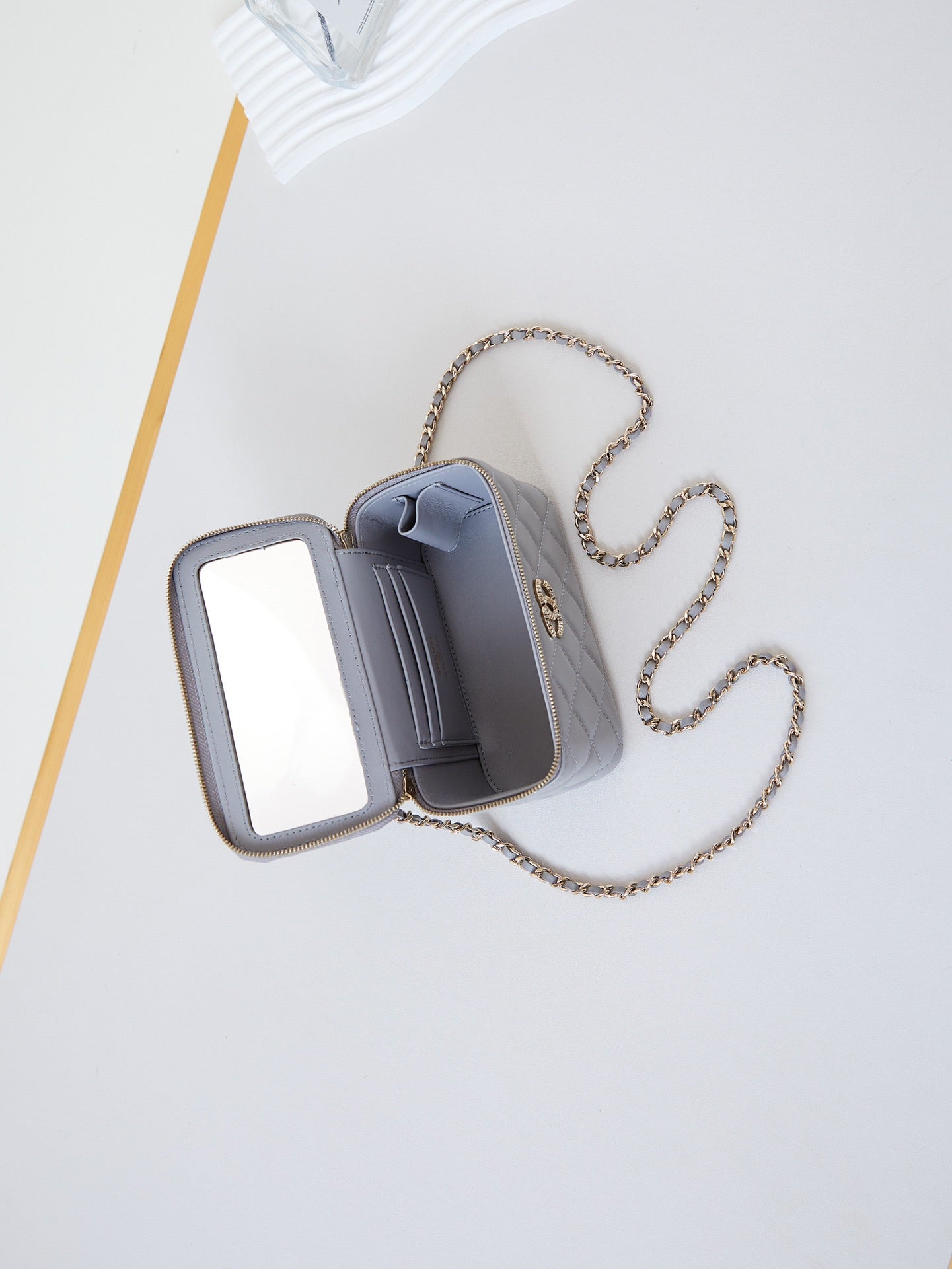 CHANEL 25S MINI VANITY BAG 16 CM IN GREY LAMBSKIN WITH CRYSTAL-EMBELLISHED CC LOGO