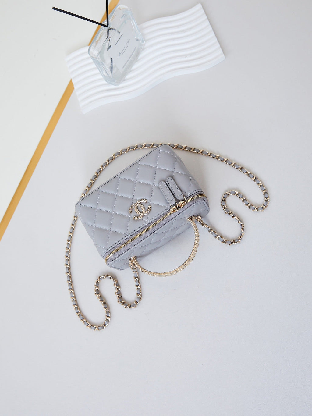 CHANEL 25S MINI VANITY BAG 16 CM IN GREY LAMBSKIN WITH CRYSTAL-EMBELLISHED CC LOGO