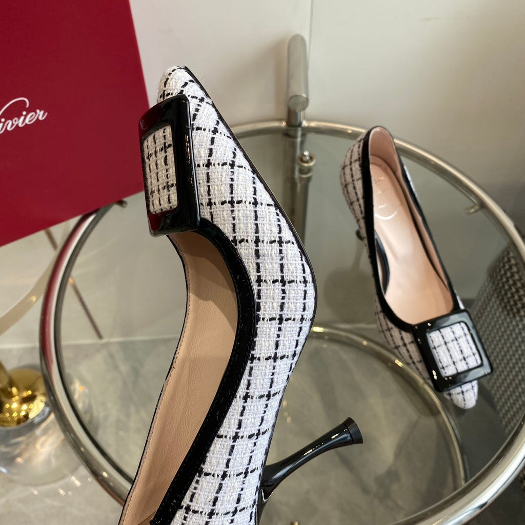 EFFLORESCENCE BALLERINAS PUMPS IN WHITE TWEED WITH FINE BLACK STRIPES EMBELLISHED CRYSTALS