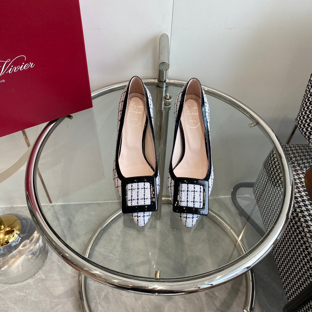 EFFLORESCENCE BALLERINAS PUMPS IN WHITE TWEED WITH FINE BLACK STRIPES EMBELLISHED CRYSTALS