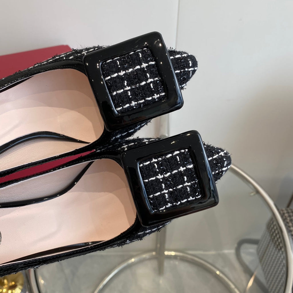 EFFLORESCENCE BALLERINAS PUMPS IN BLACK TWEED WITH FINE WHITE STRIPES EMBELLISHED CRYSTALS