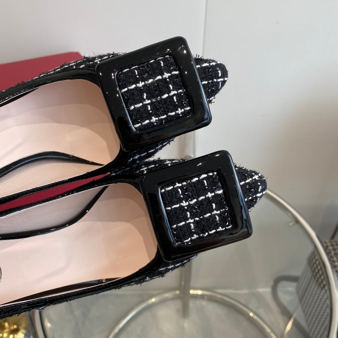 EFFLORESCENCE BALLERINAS PUMPS IN BLACK TWEED WITH FINE WHITE STRIPES EMBELLISHED CRYSTALS