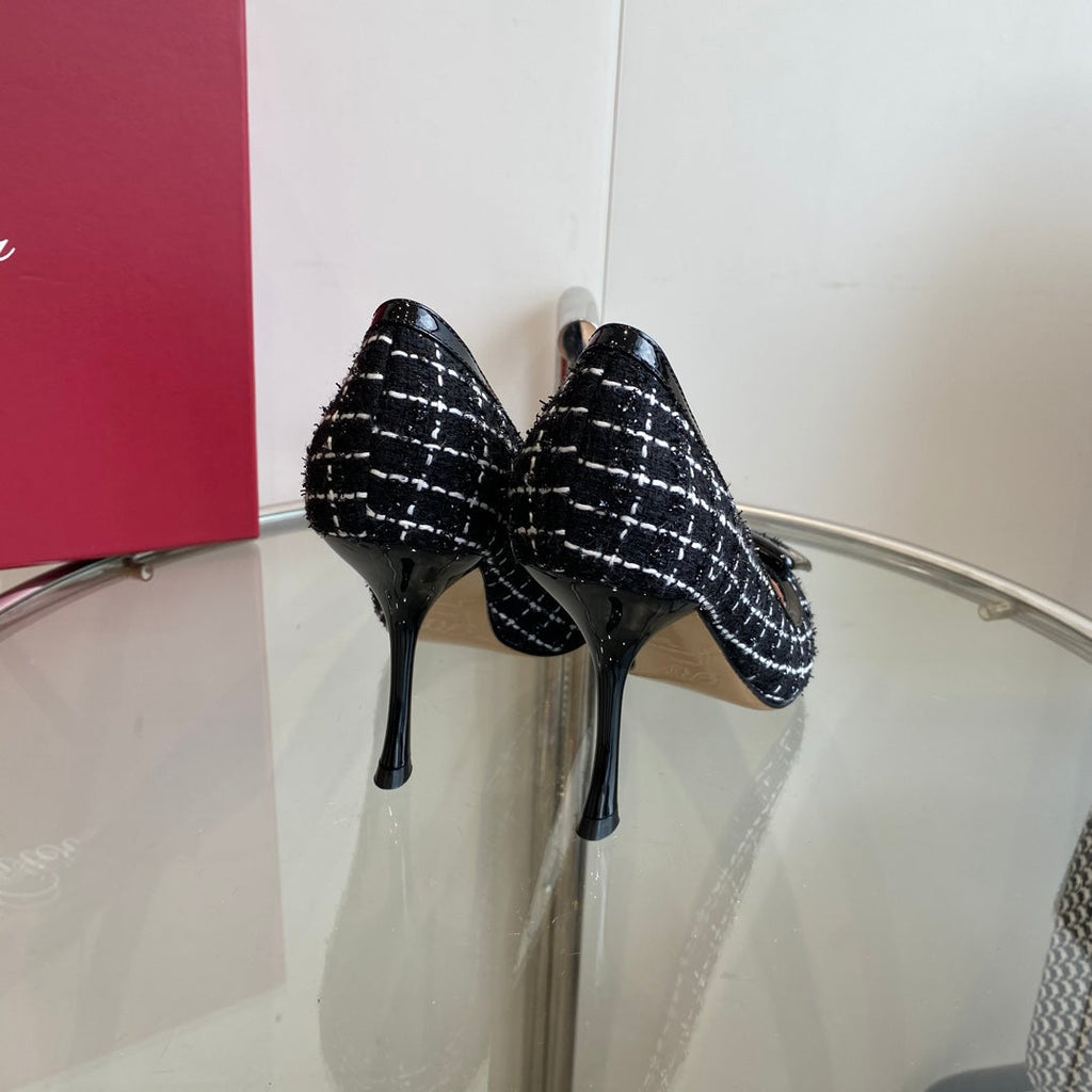EFFLORESCENCE BALLERINAS PUMPS IN BLACK TWEED WITH FINE WHITE STRIPES EMBELLISHED CRYSTALS