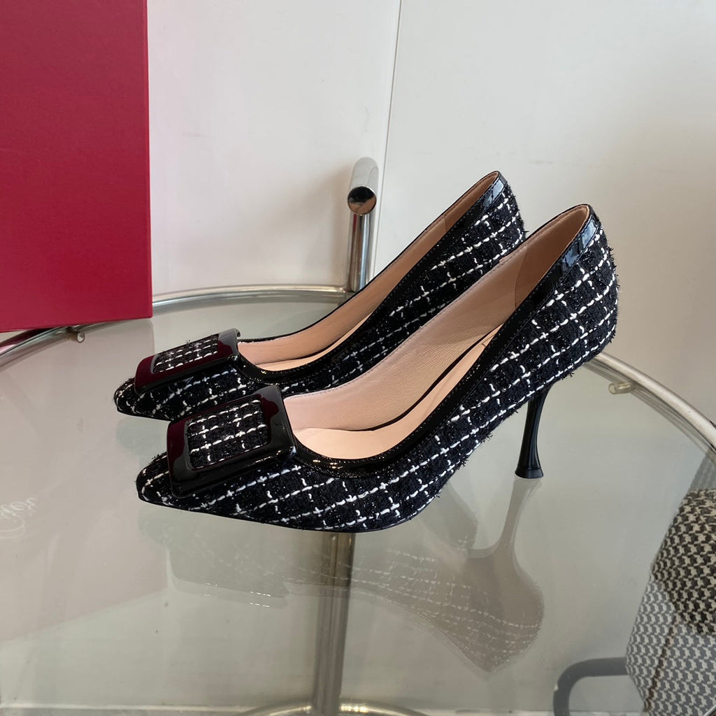 EFFLORESCENCE BALLERINAS PUMPS IN BLACK TWEED WITH FINE WHITE STRIPES EMBELLISHED CRYSTALS