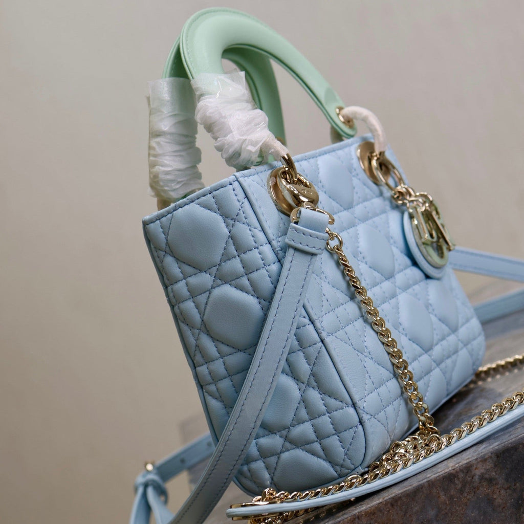 MINI LADY BAG 17 IN BABY BLUE QUILTED MACROCANNAGE CALFSKIN GREEN STRAP