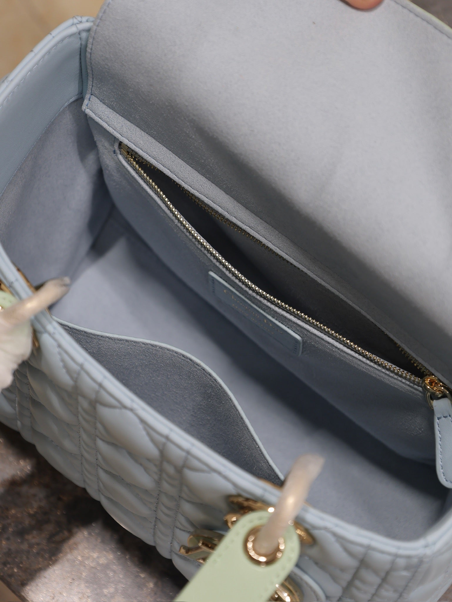 LADY BAG 24 IN BABY BLUE QUILTED MACROCANNAGE CALFSKIN GREEN STRAP