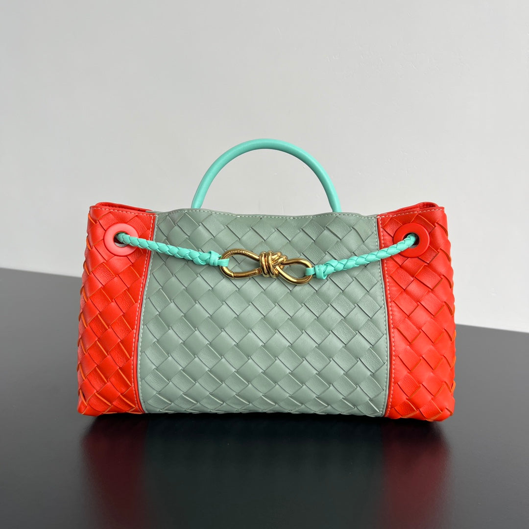 EAST WEST ANDIAMO BAG 29 IN ORANGE AND LIGHT GREEN CALFSKIN