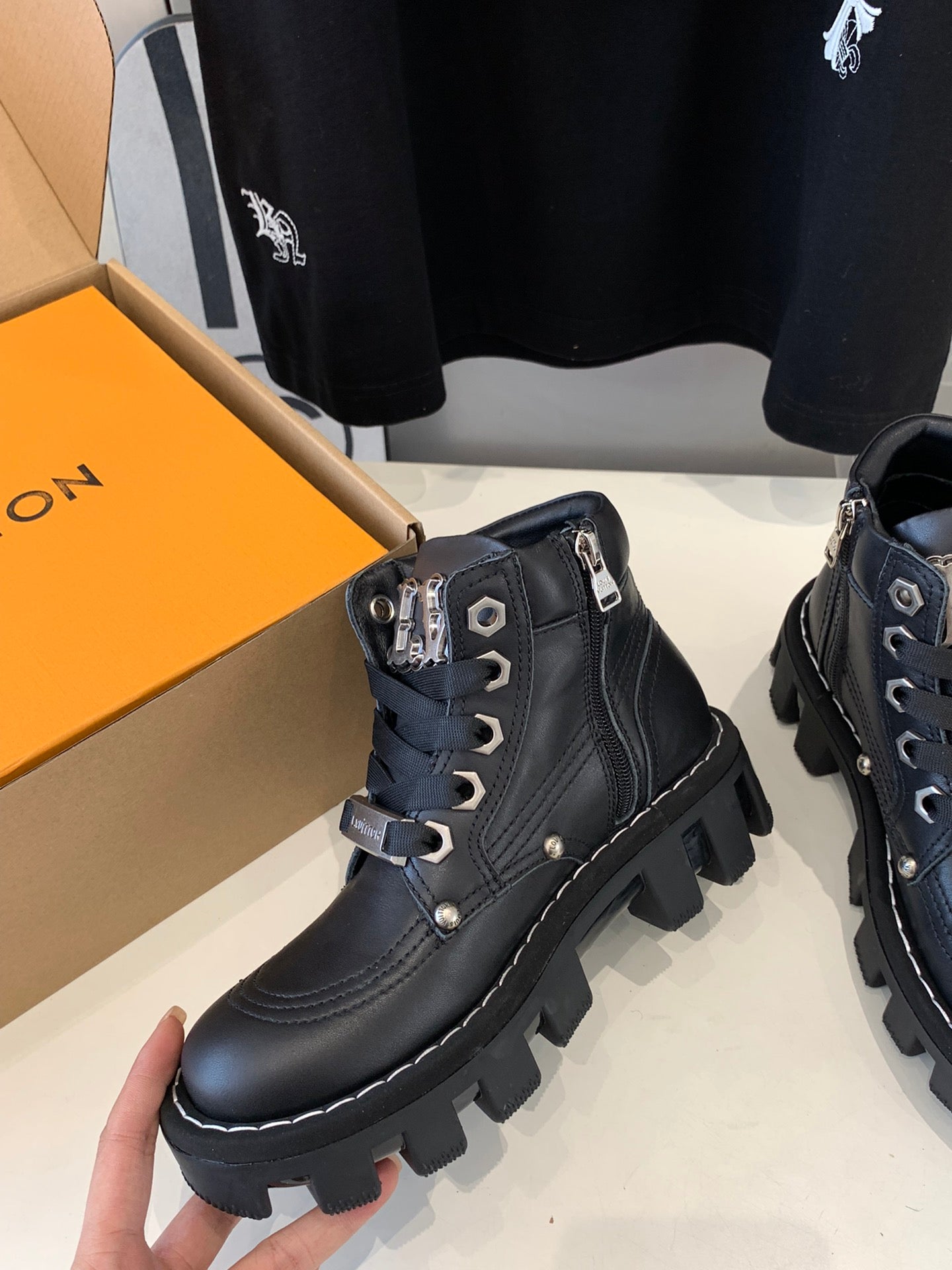 LV CHECKER ANKLE BOOT IN BLACK CALFSKIN