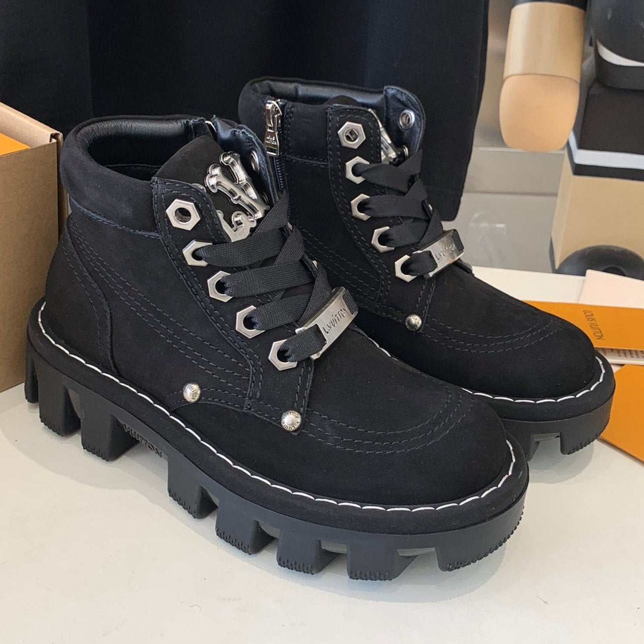 LV CHECKER ANKLE BOOT IN BLACK SUEDE