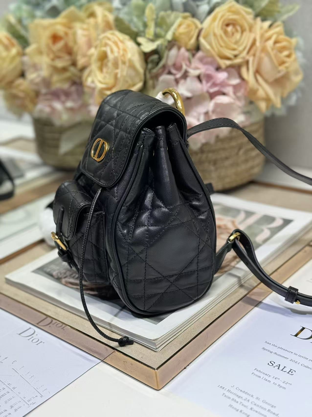 SMALL CARO BACKPACK 20 IN BLACK MACROCANNAGE LAMBSKIN