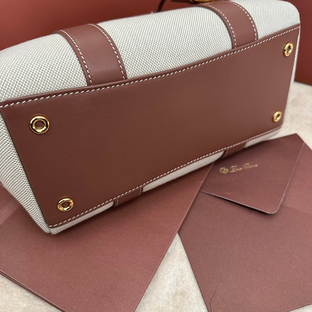 LOOM BAG 25 IN UMBER BROWN CALFSKIN WITH BEIGE LINEN GOLD HARDWARE