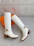 HM 25S TALL BOOTS 50 MM IN WHITE CALFSKIN WITH GOLD HARDWARE