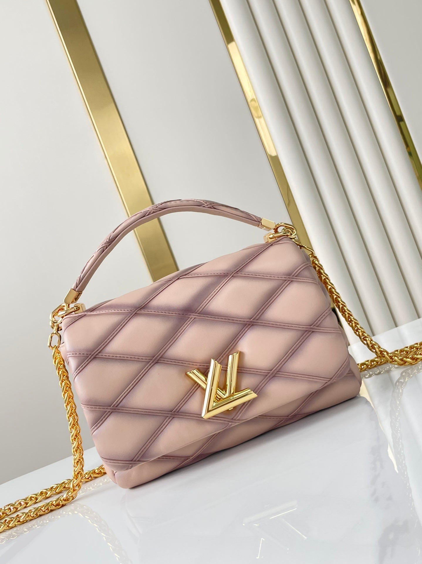 GO-14 MM 23 IN LIGHT PINK QUILTED LAMBSKIN GOLD HARDWARE