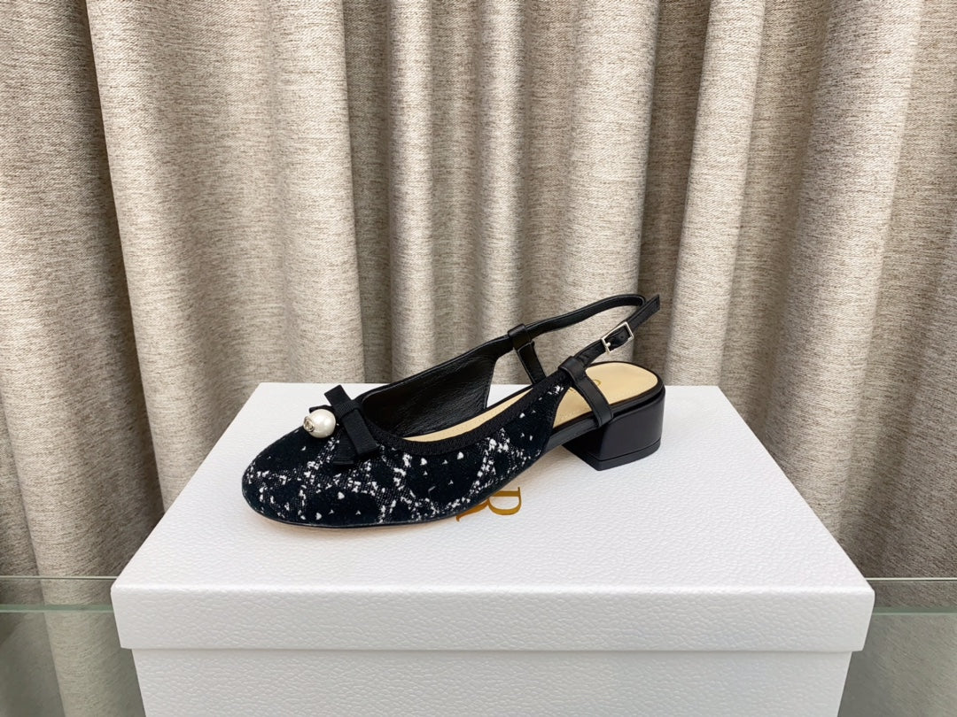 PEARL MARY JANE SLINGBACKS IN BLACK MIX WHITE TWEED 30 MM