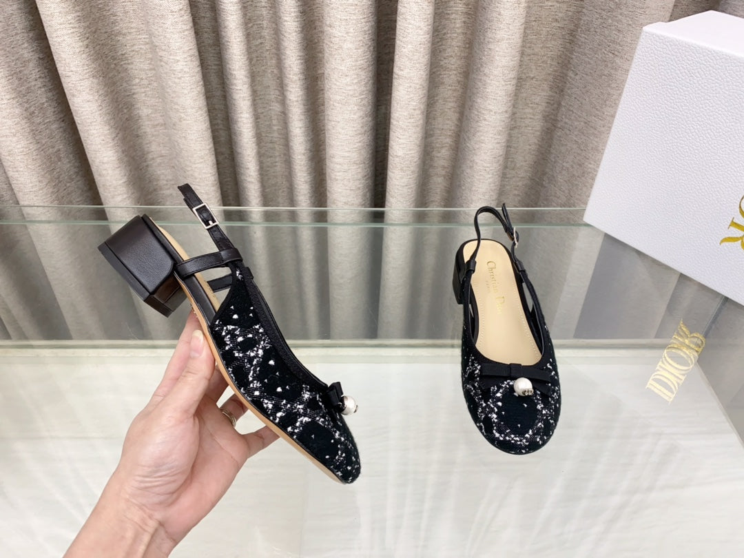 PEARL MARY JANE SLINGBACKS IN BLACK MIX WHITE TWEED 30 MM