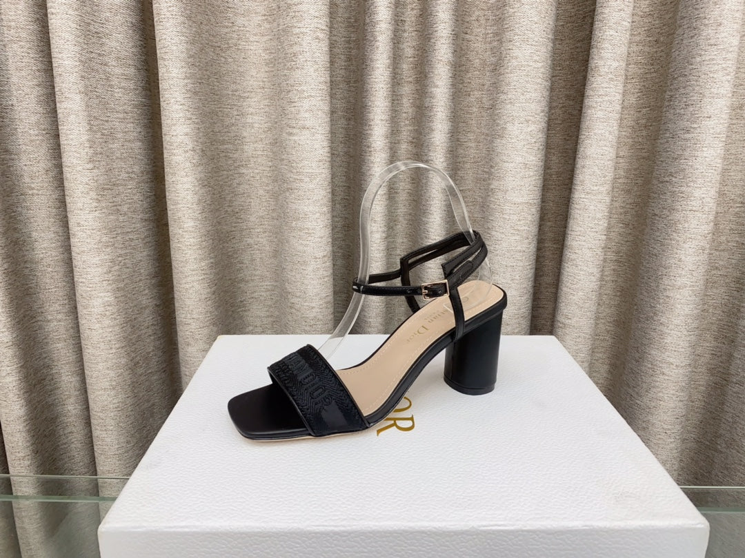 DWAY HIGH HEEL EMBROIDERED SANDAL BLACK CALFSKIN 75 MM