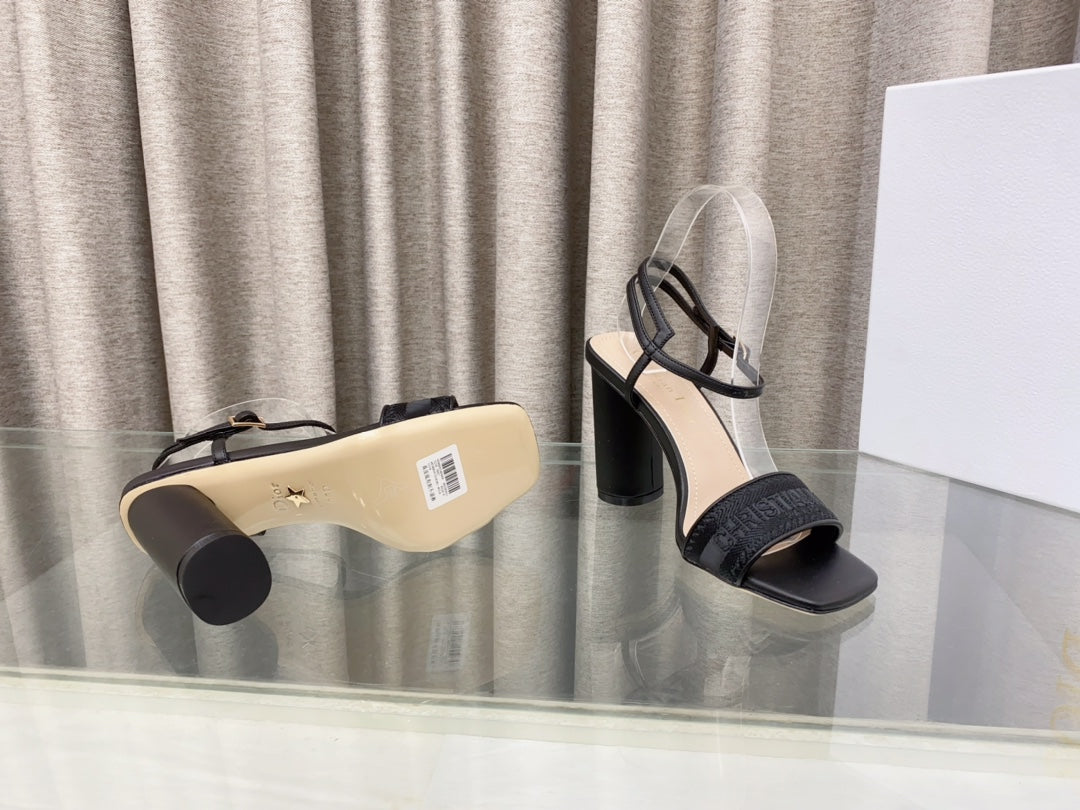 DWAY HIGH HEEL EMBROIDERED SANDAL BLACK CALFSKIN 95 MM