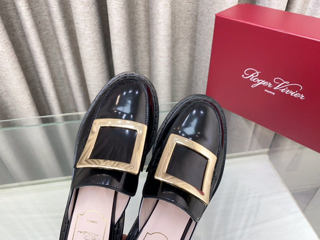 VIV' RANGERS MULES IN BLACK PATENT CALFSKIN GOLD BUCKLE