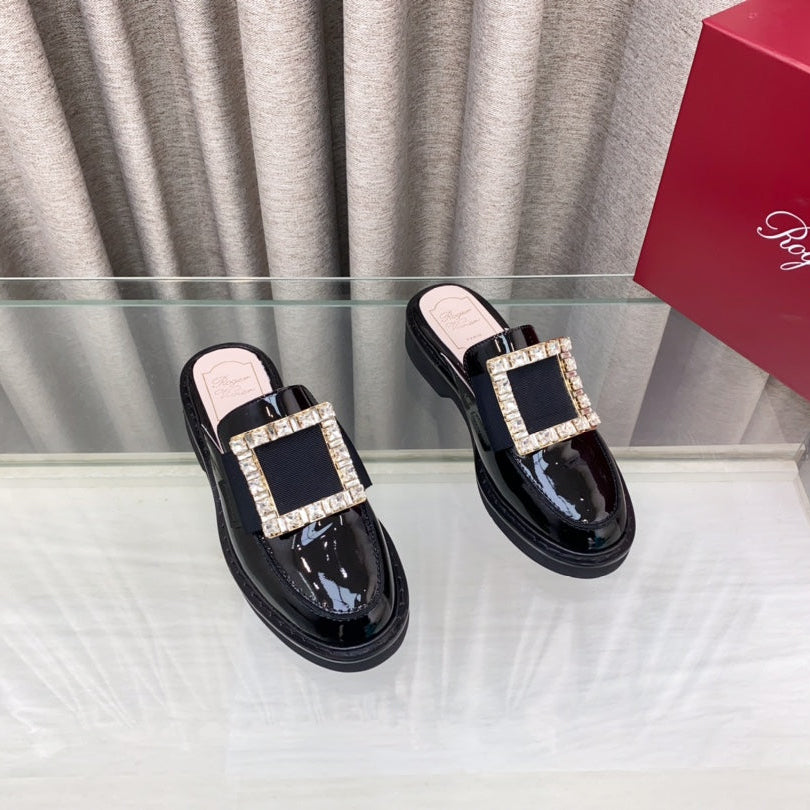 VIV' RANGERS MULES IN BLACK PATENT CALFSKIN CRYSTAL BUCKLE