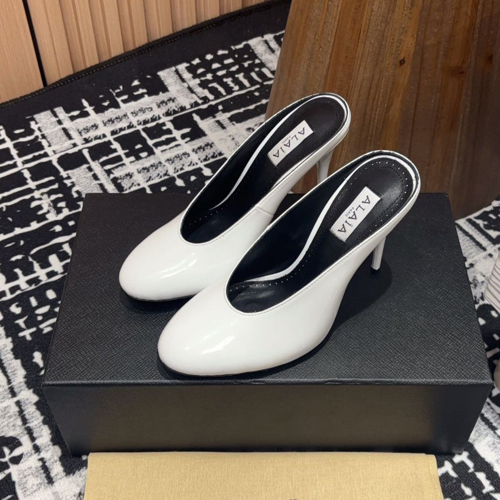 HIGH-HEEL 10 CM MULES IN WHITE PATENT CALFSKIN