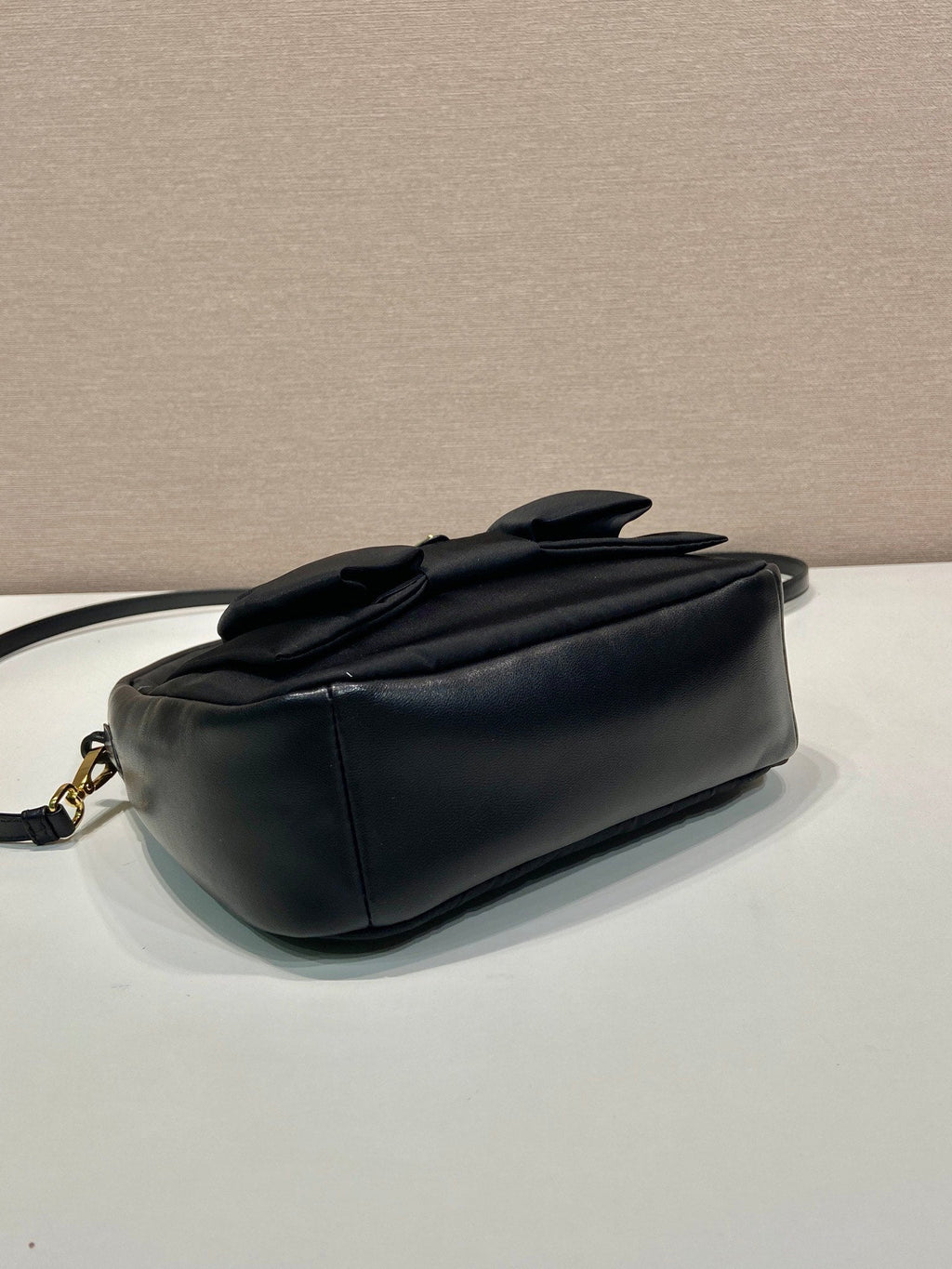 BOW HOBO BAG 22 IN BLACK RE-NYLON AND LAMBSKIN