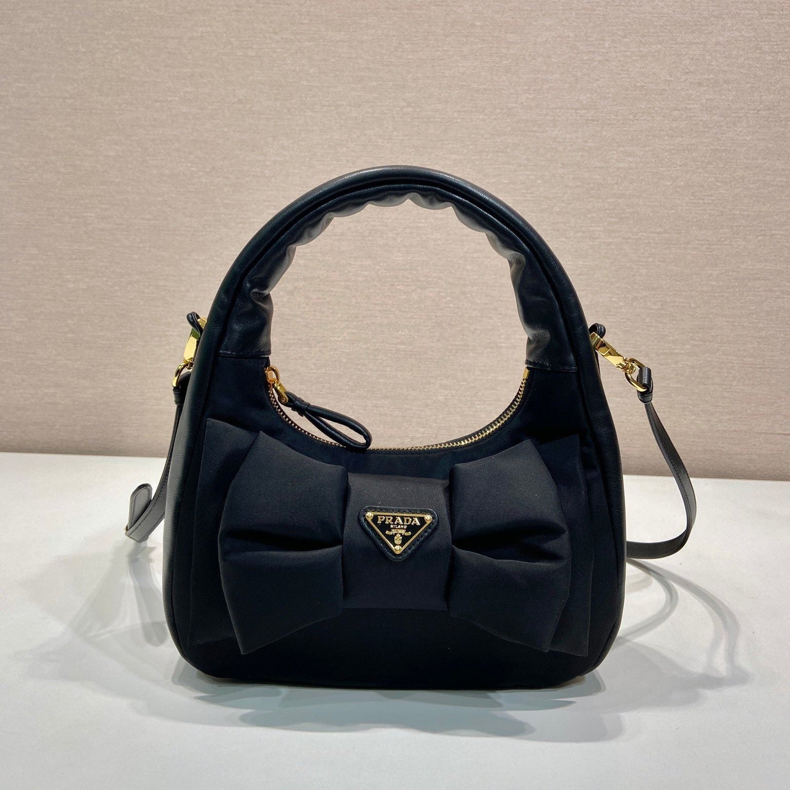 BOW HOBO BAG 22 IN BLACK RE-NYLON AND LAMBSKIN