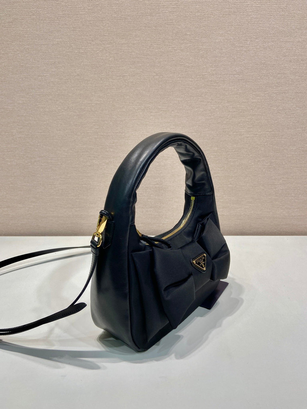 BOW HOBO BAG 22 IN BLACK RE-NYLON AND LAMBSKIN