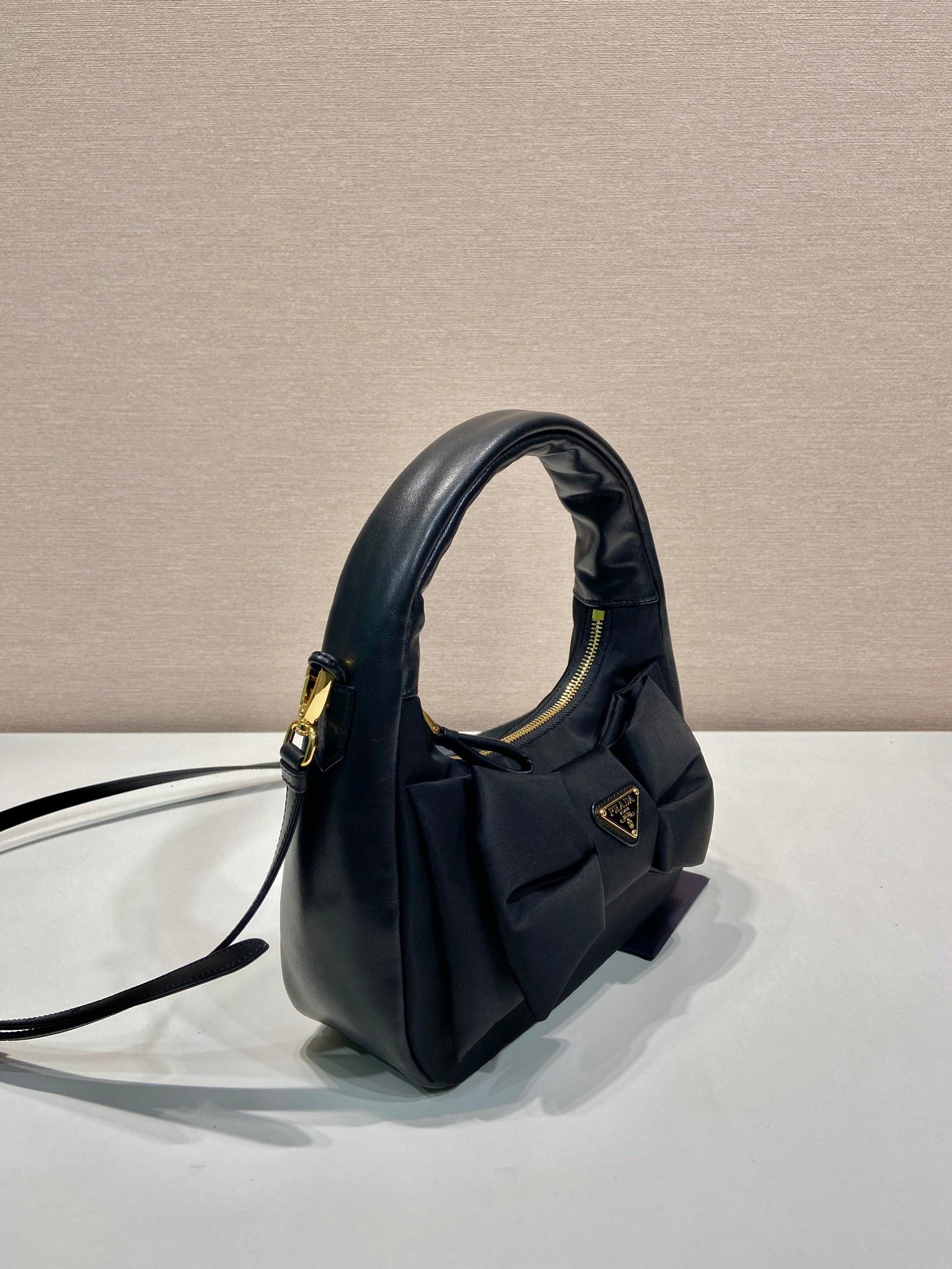 BOW HOBO BAG 22 IN BLACK RE-NYLON AND LAMBSKIN