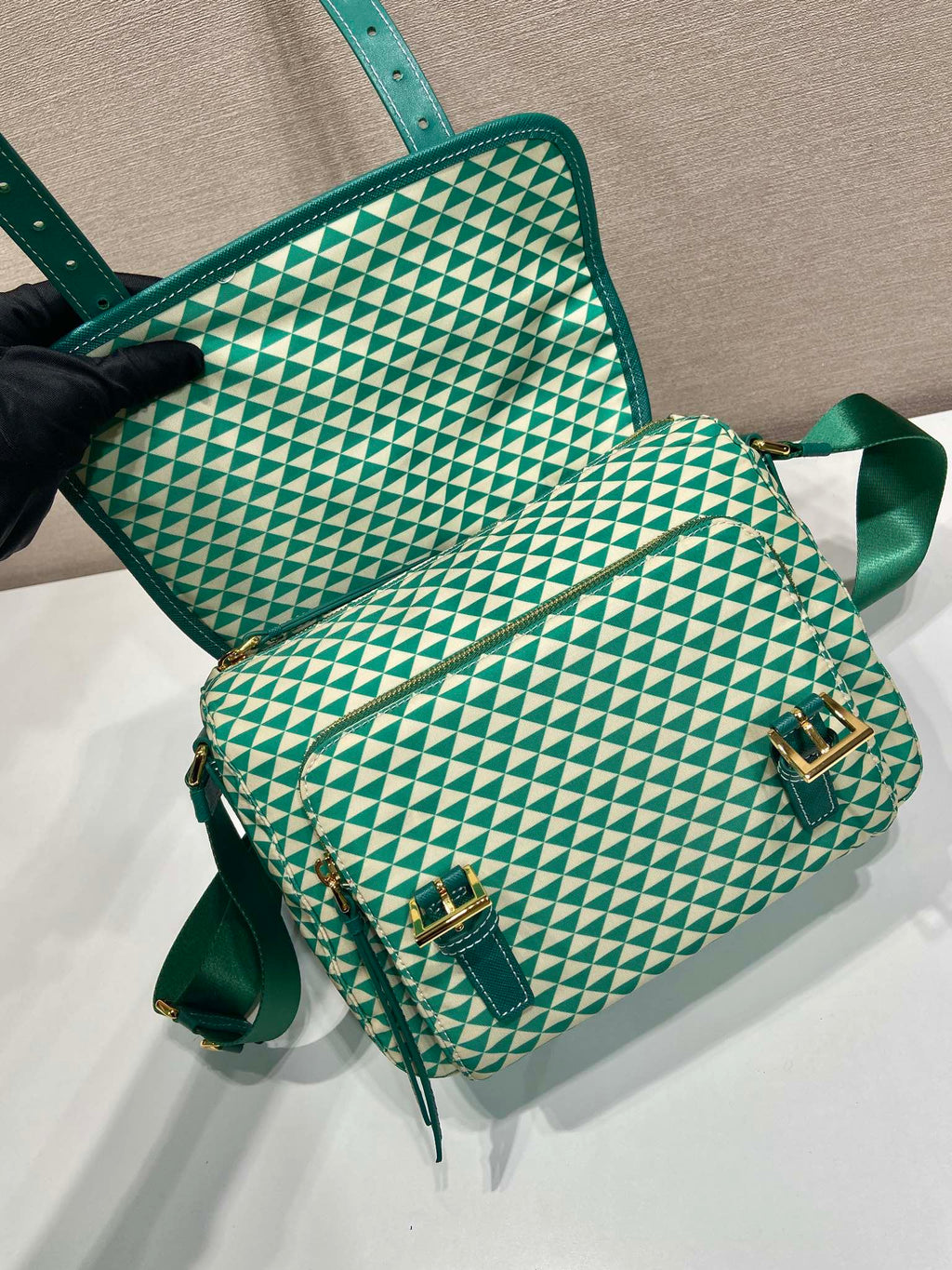 MESSENGER BAG 25 IN FOREST GREEN MIX CREAM TRIANGLE PATTERN EMBROIDERED FABRIC