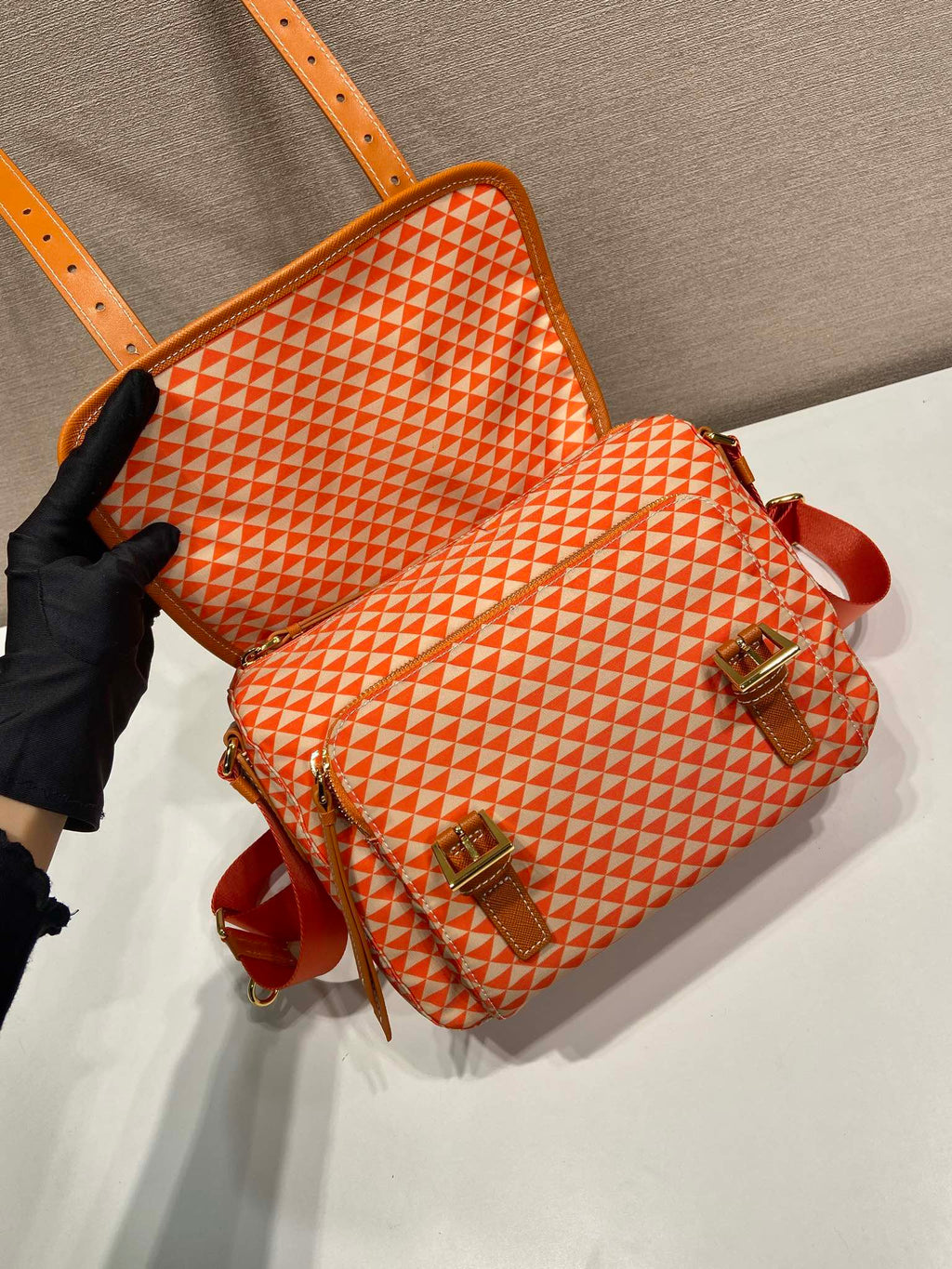 MESSENGER BAG 25 IN ORANGE MIX CREAM TRIANGLE PATTERN EMBROIDERED FABRIC