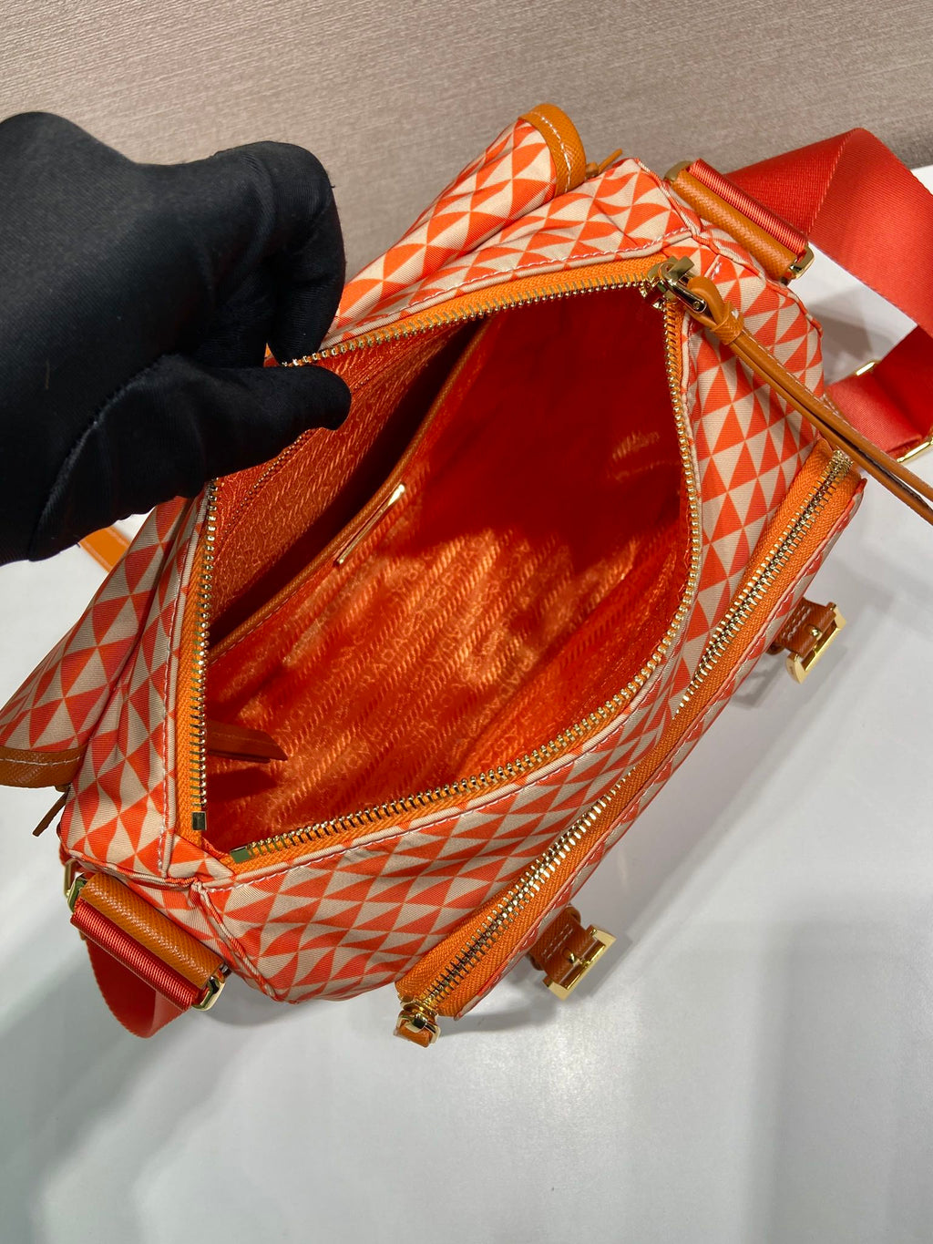 MESSENGER BAG 25 IN ORANGE MIX CREAM TRIANGLE PATTERN EMBROIDERED FABRIC