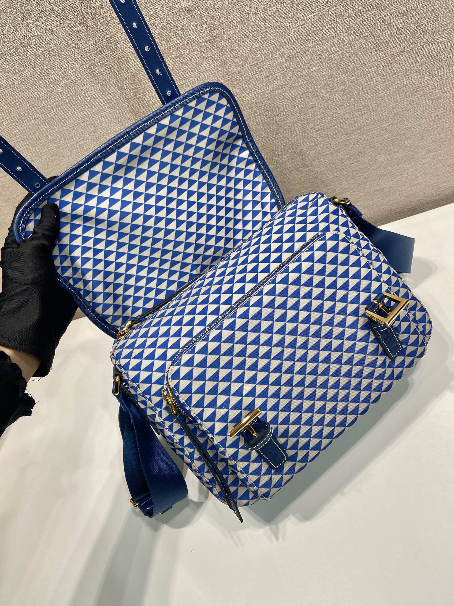 MESSENGER BAG 25 IN BLUE MIX WHITE TRIANGLE PATTERN EMBROIDERED FABRIC