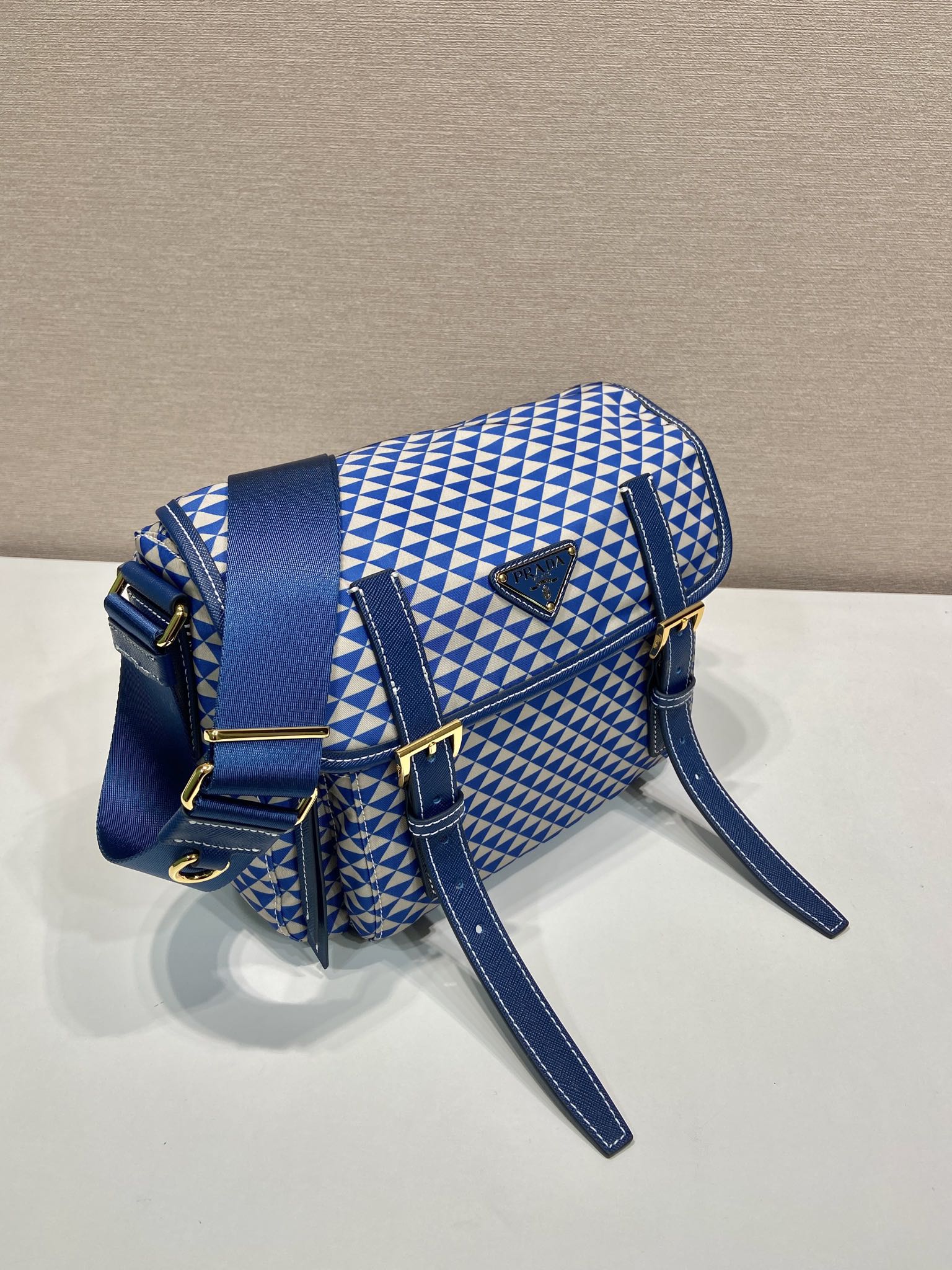 MESSENGER BAG 25 IN BLUE MIX WHITE TRIANGLE PATTERN EMBROIDERED FABRIC